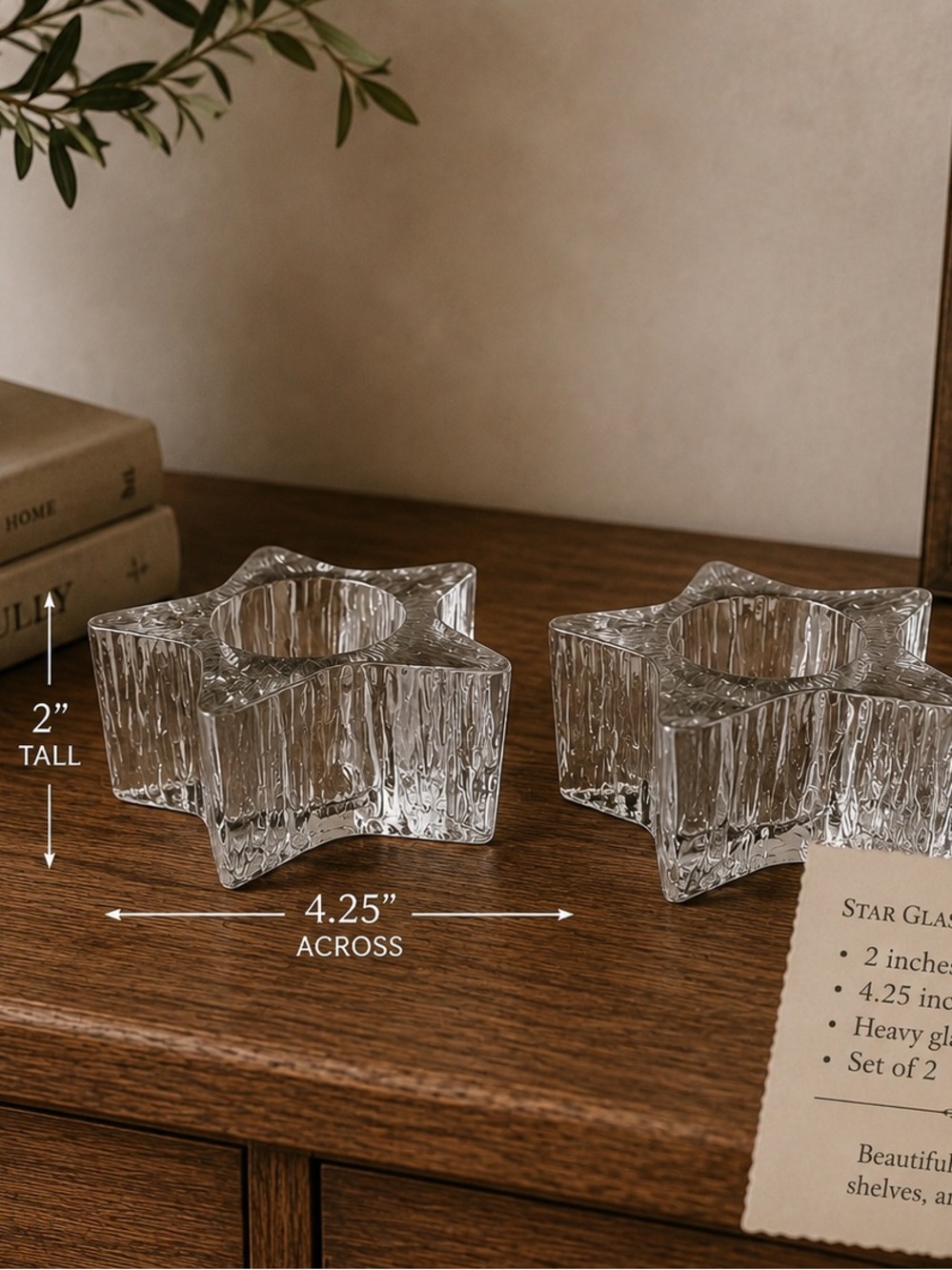 Clear Glass Star Tea Light Holders - Pair